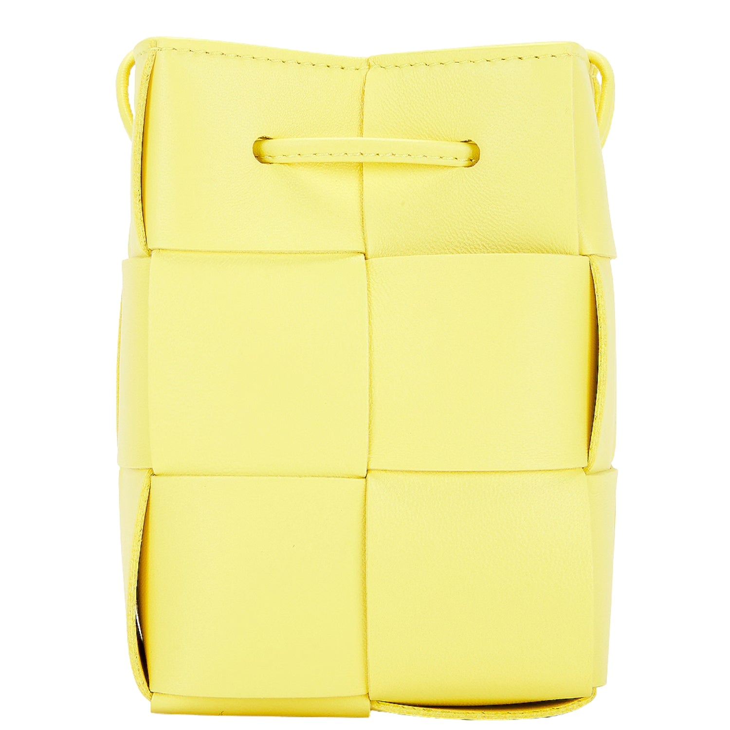 Lightweight leather woven mini bucket handbag in white with crossbody strap, light yellow