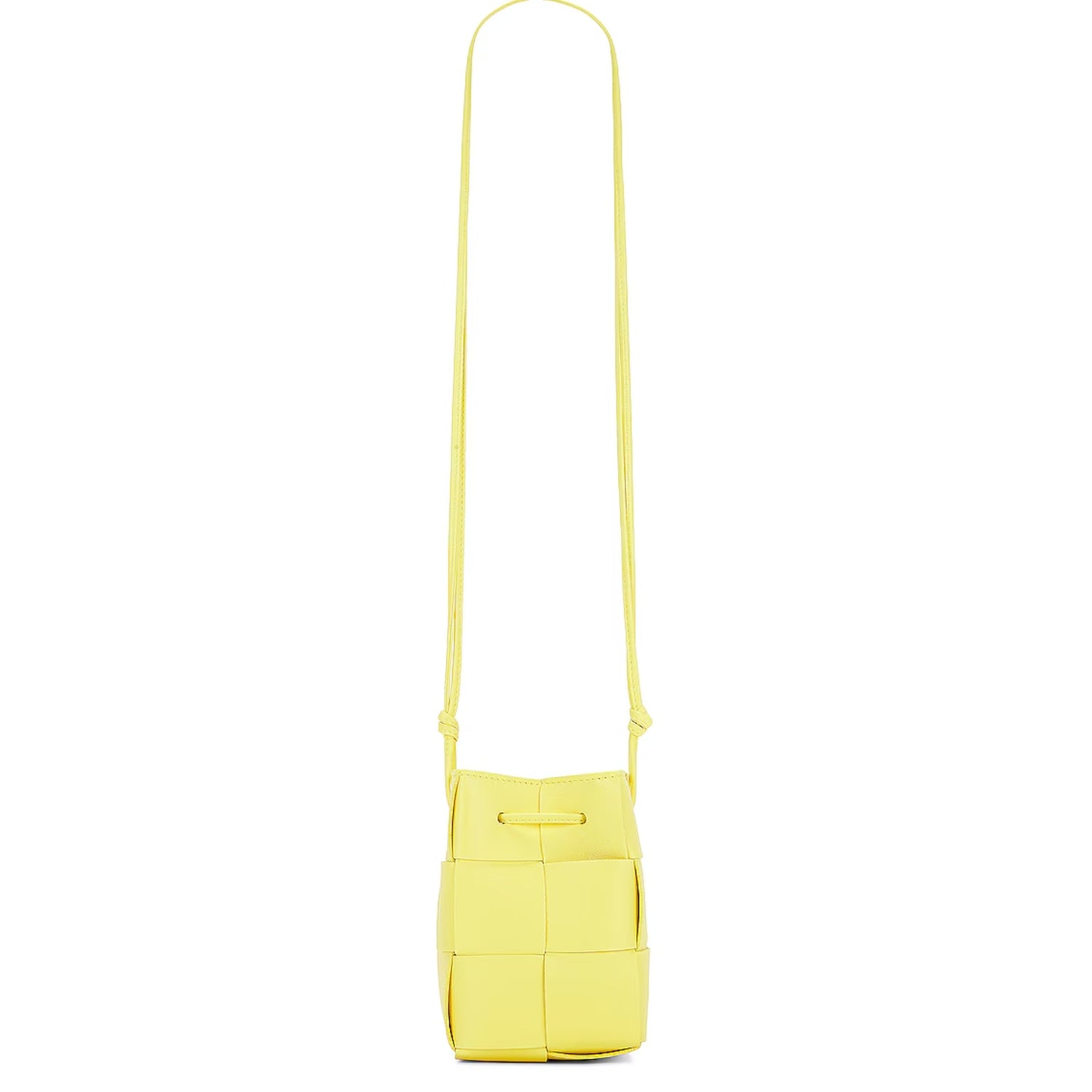 Chic woven mini crossbody bucket bag in white PU leather with adjustable 21-inch strap, light yellow