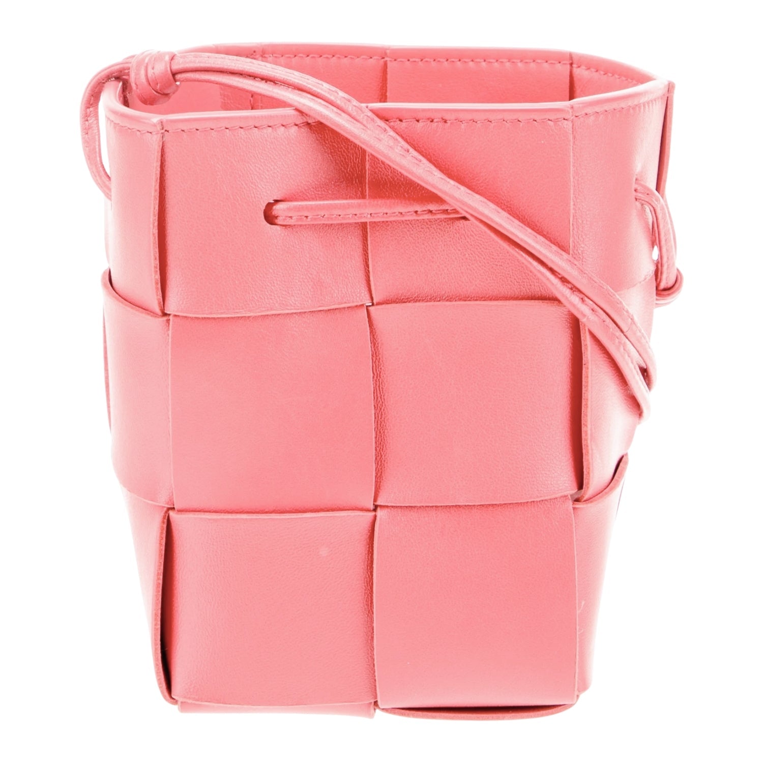 Lightweight leather woven mini bucket handbag in white with crossbody strap, pink