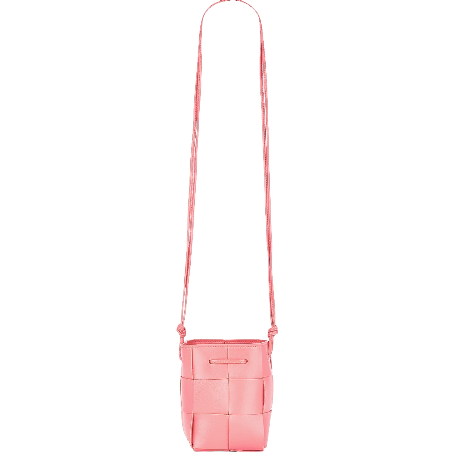 Lightweight leather woven mini bucket handbag in white with crossbody strap, pink