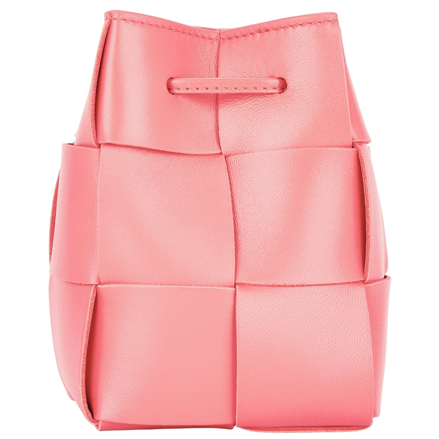 Lightweight leather woven mini bucket handbag in white with crossbody strap, pink