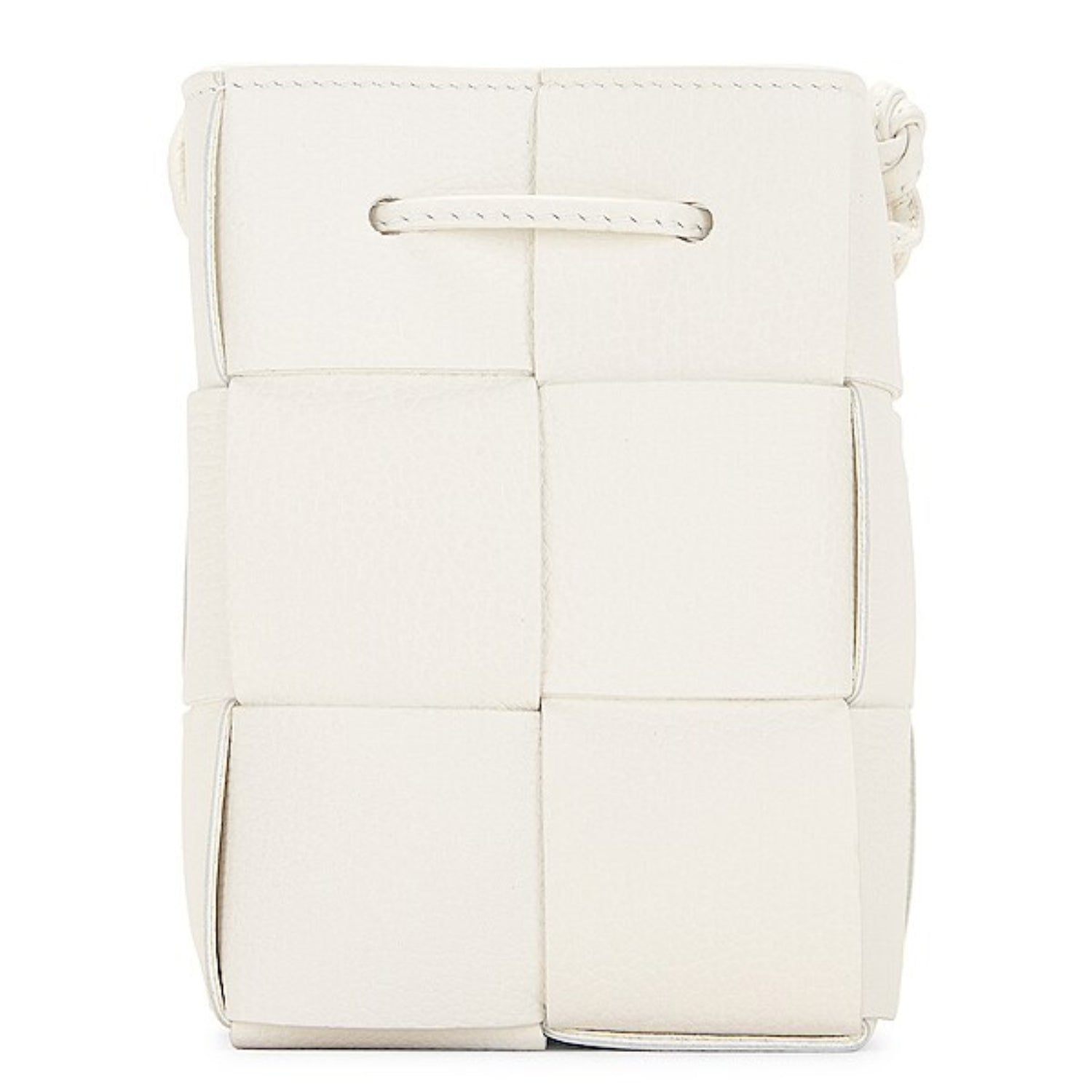 Lightweight leather woven mini bucket handbag in white with crossbody strap