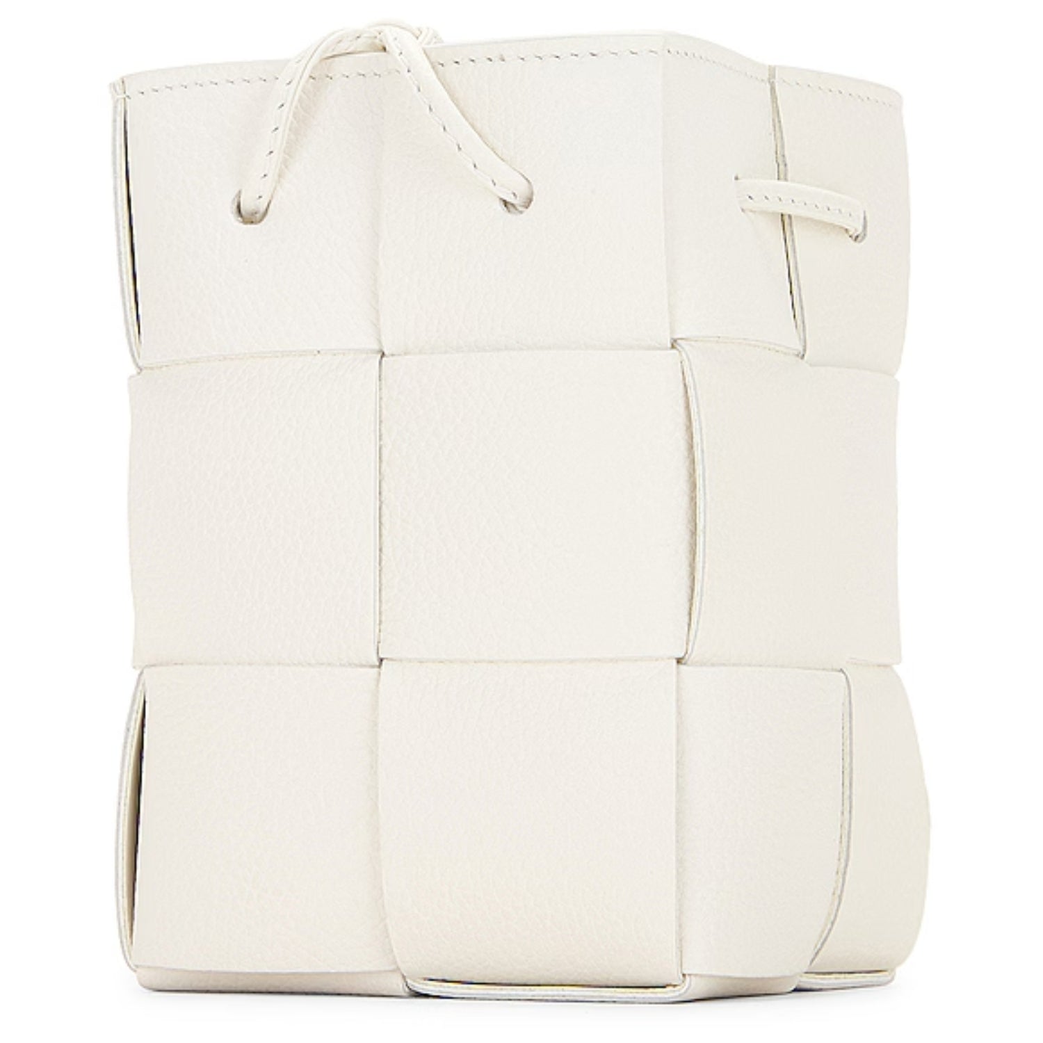 Lightweight leather woven mini bucket handbag in white with crossbody strap