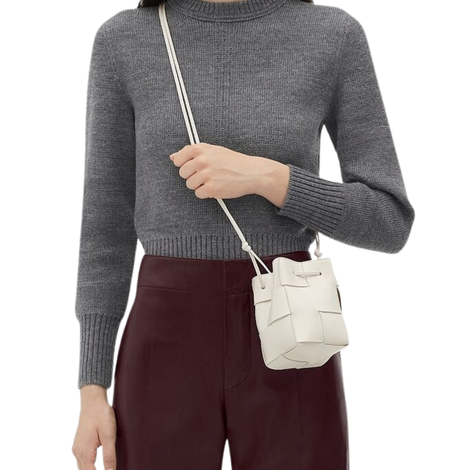 Lightweight leather woven mini bucket handbag in white with crossbody strap