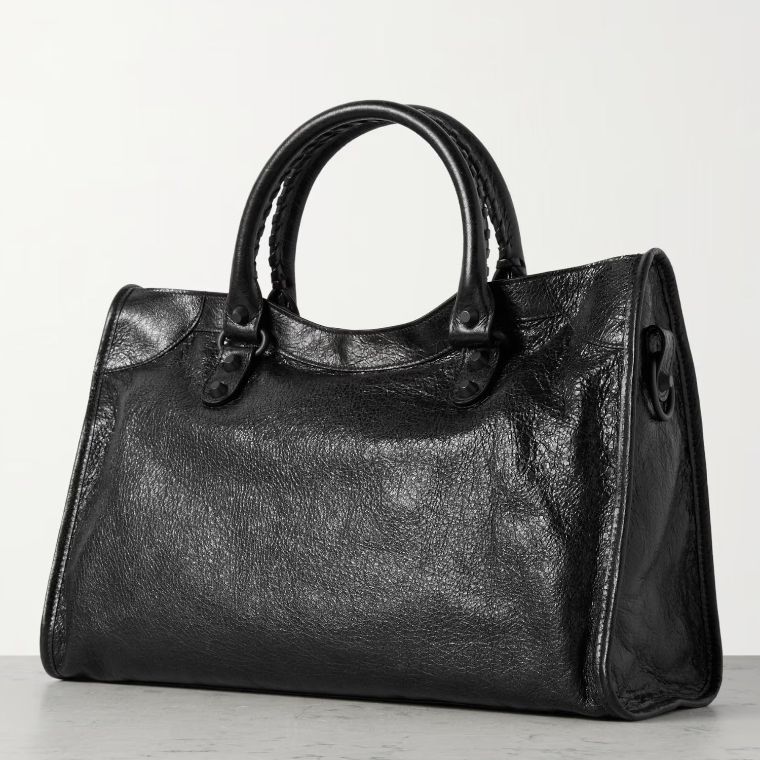 Black Medium Leather Shoulder Bag with Moto Stud and Buckle Details