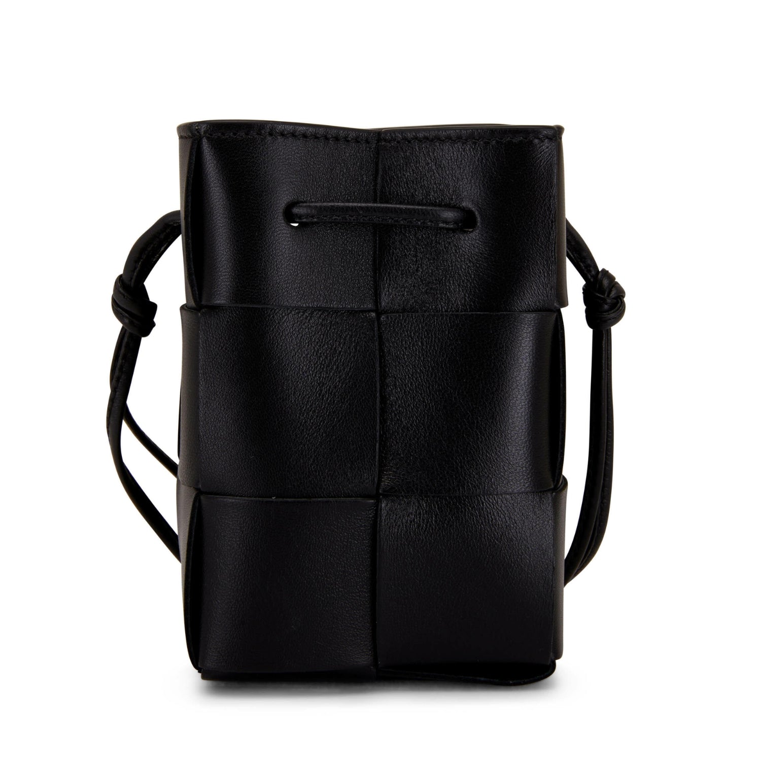 Lightweight leather woven mini bucket handbag in white with crossbody strap, black