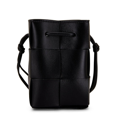 Lightweight leather woven mini bucket handbag in white with crossbody strap, black