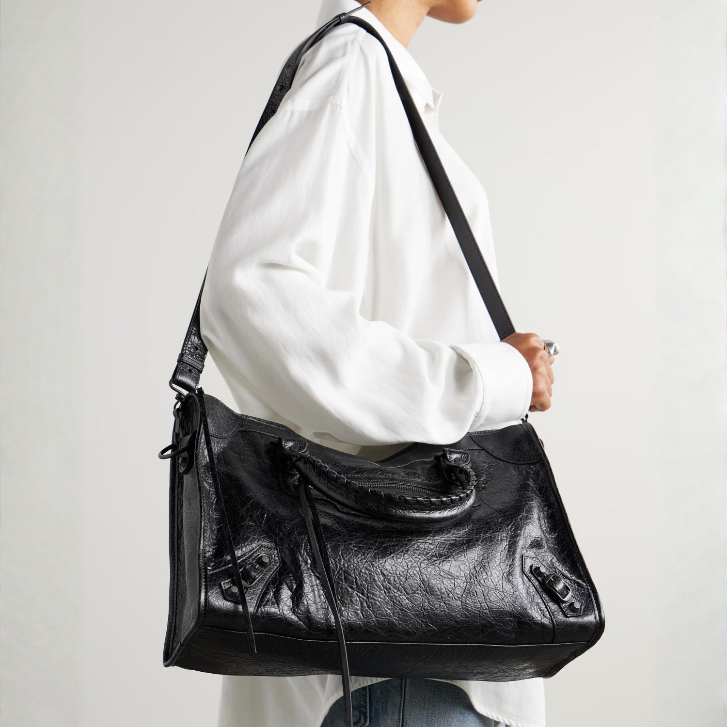 Black Medium Leather Shoulder Bag with Moto Stud and Buckle Details