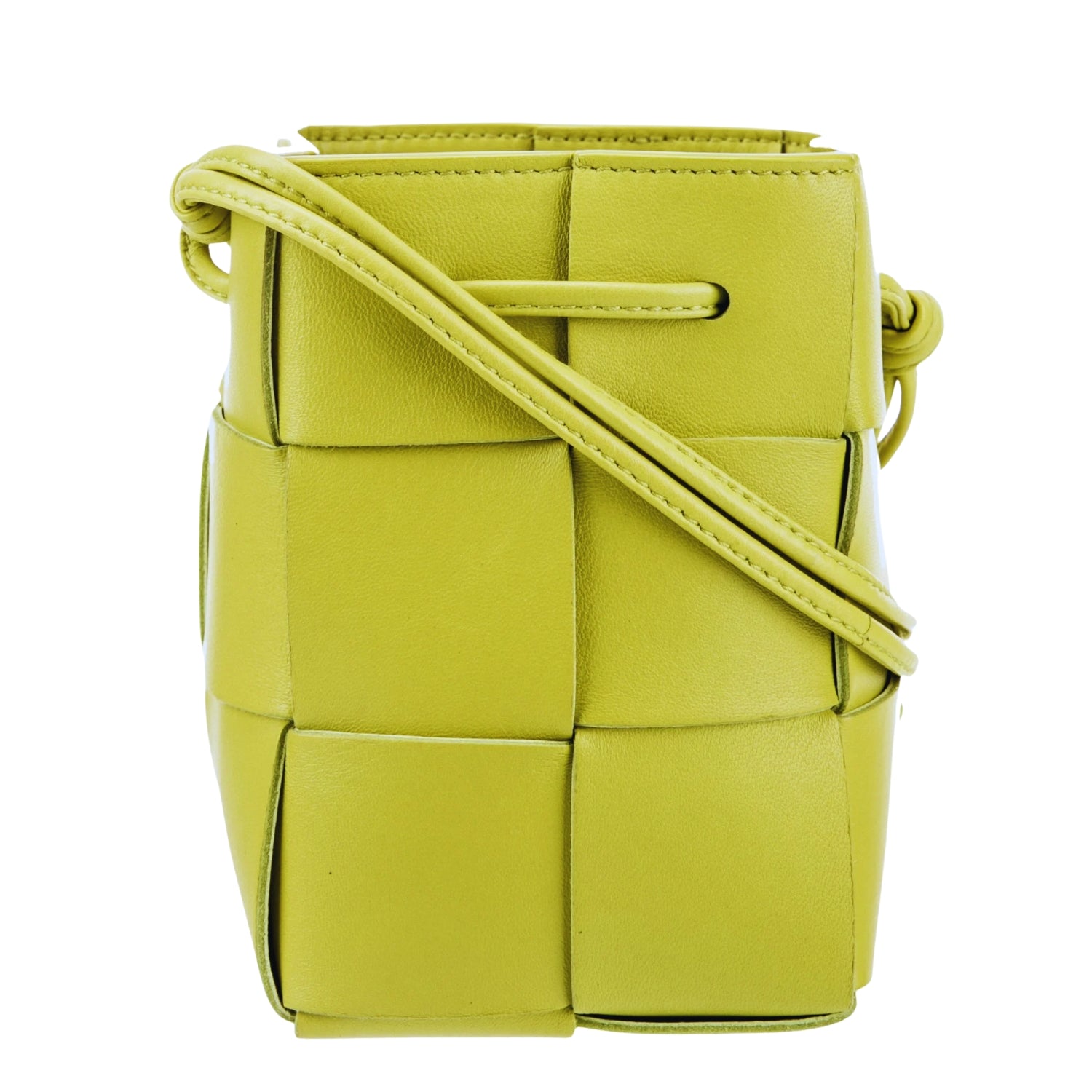 Lightweight leather woven mini bucket handbag in white with crossbody strap, kiwi gold