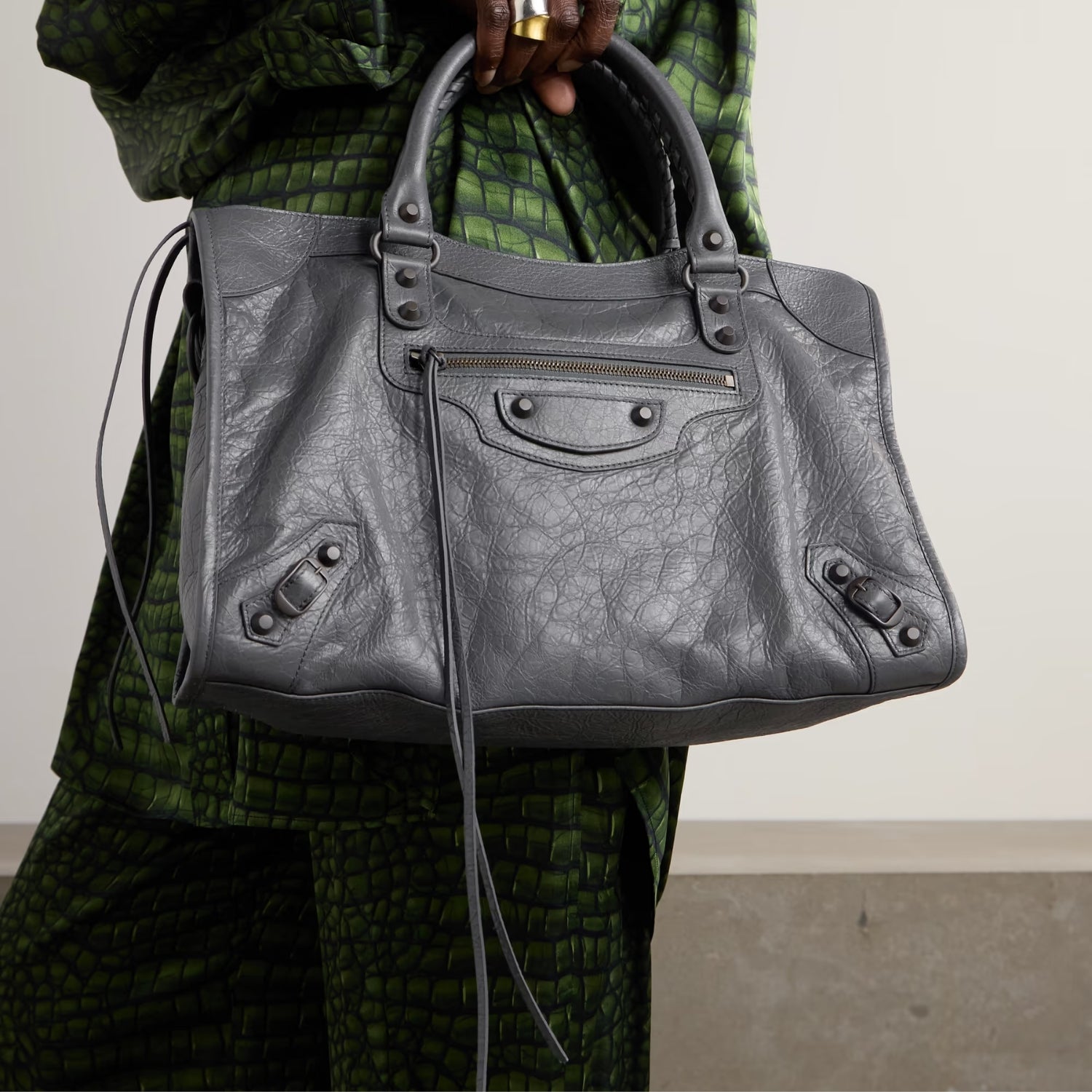 Dark Gray Medium Leather Shoulder Bag with Moto Stud and Buckle Details