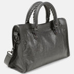 Dark Gray Medium Leather Shoulder Bag with Moto Stud and Buckle Details