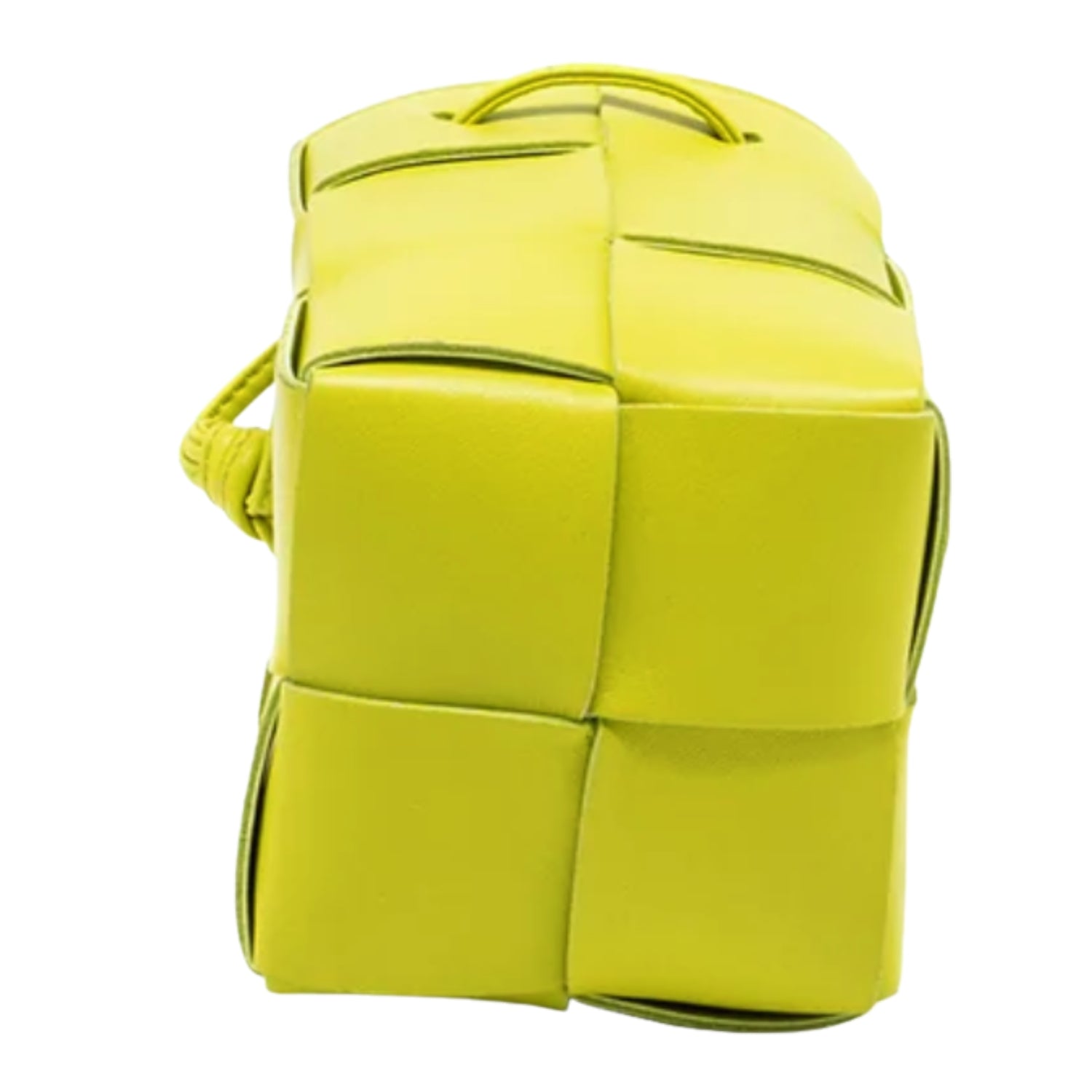 Lightweight leather woven mini bucket handbag in white with crossbody strap, kiwi gold