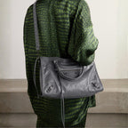 Dark Gray Medium Leather Shoulder Bag with Moto Stud and Buckle Details