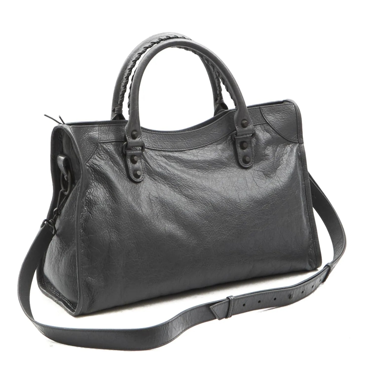 Dark Gray Medium Leather Shoulder Bag with Moto Stud and Buckle Details