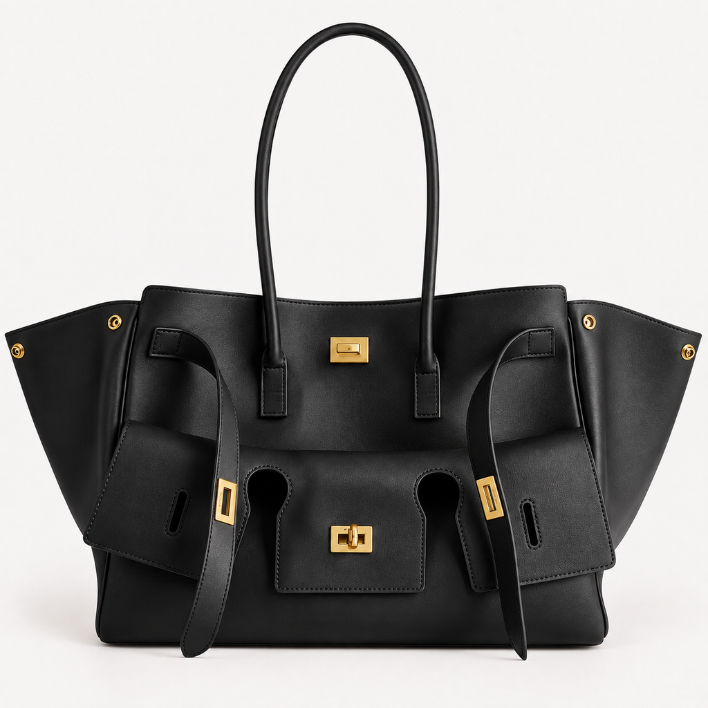 Black Medium Structured Leather Tote with Gold Hardware