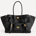 Black Medium Structured Leather Tote with Gold Hardware
