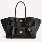 Black Medium Structured Leather Tote with Gold Hardware