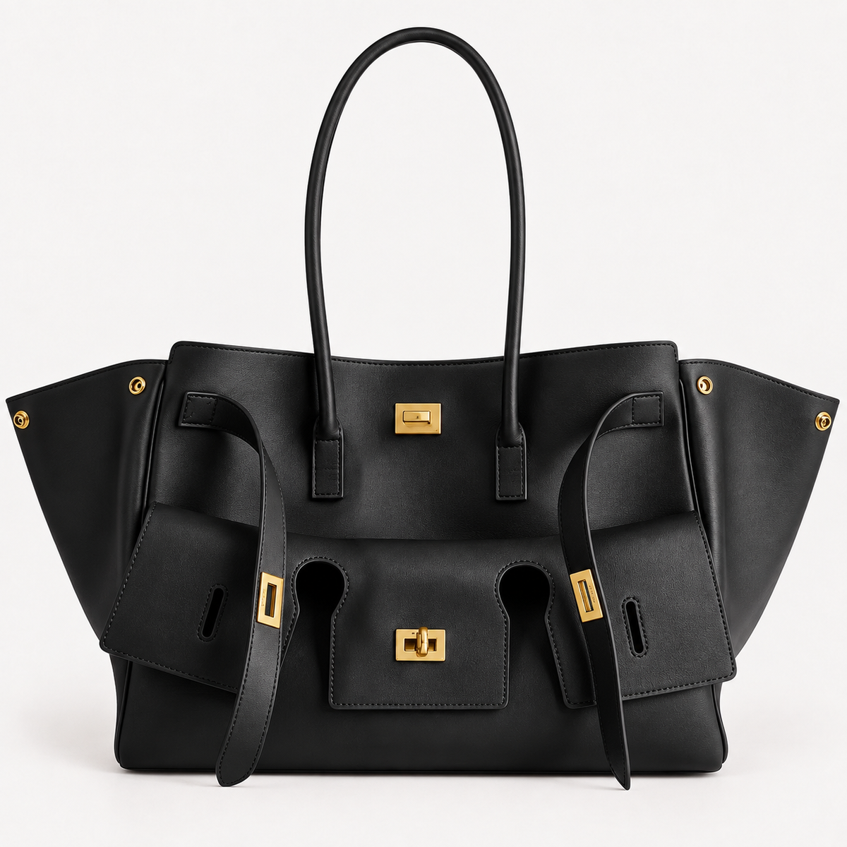 Black Medium Structured Leather Tote with Gold Hardware