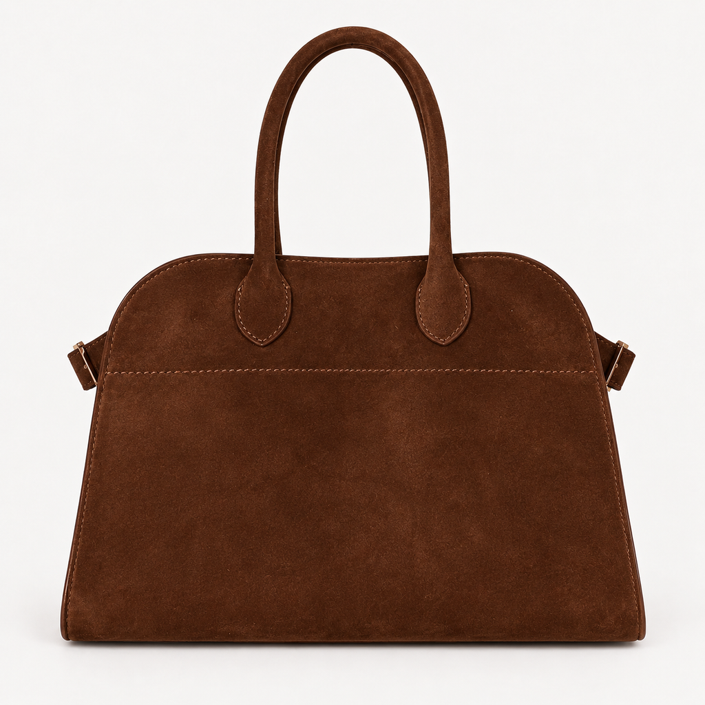 Belted 10 suede leather tote in coffee brown — front view