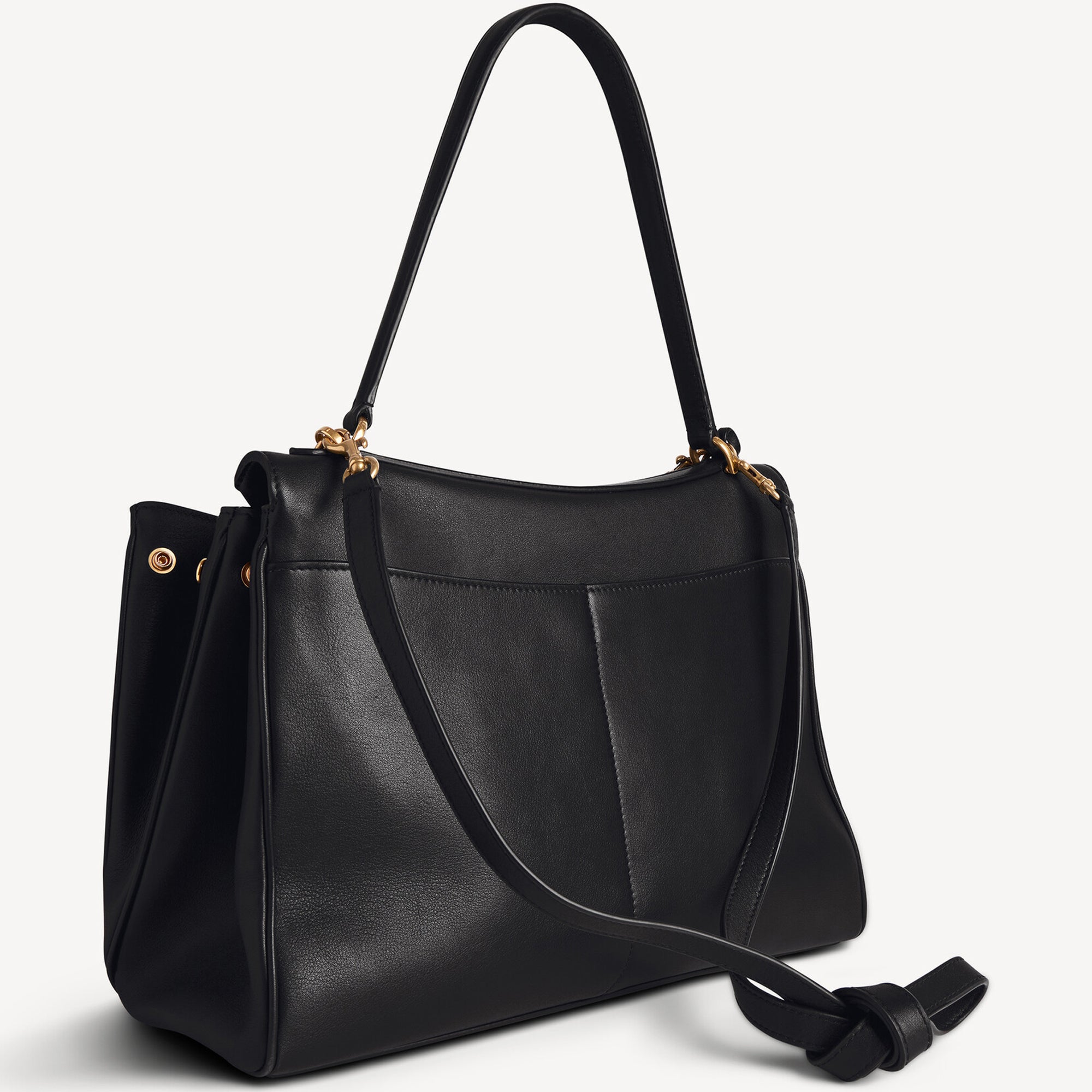 back of Rodeo style slouchy medium tote bag in black with brassy gold hardwear