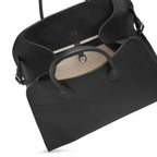 Belted 15 grained leather tote in black — stitching detail