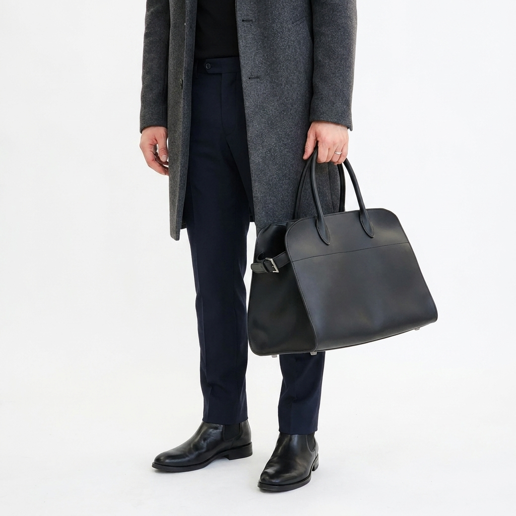 Black leather tote bag with toggle closure and side tabs
