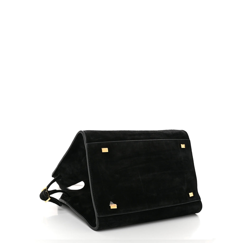 Margaux 10 style suede tote bag in black with belted side details.