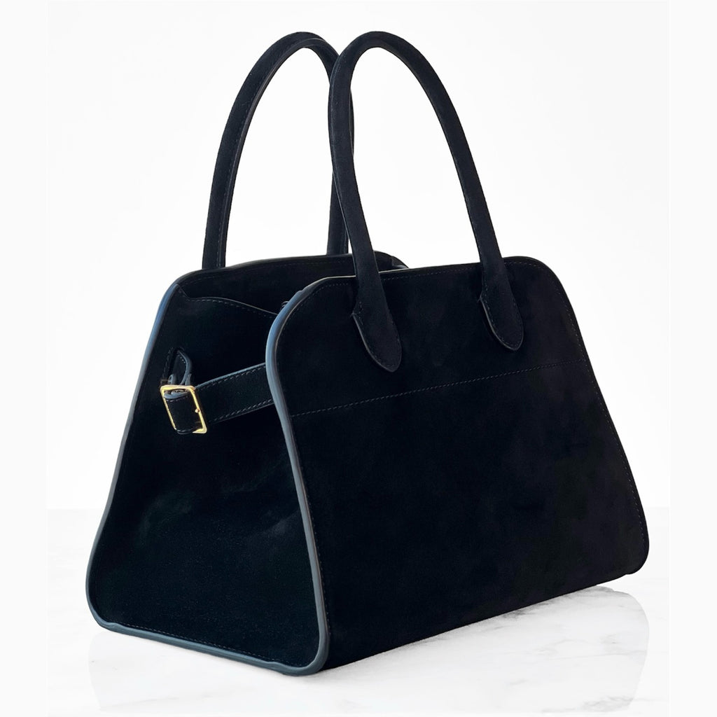 Margaux 10 style suede tote bag in black with belted side details.