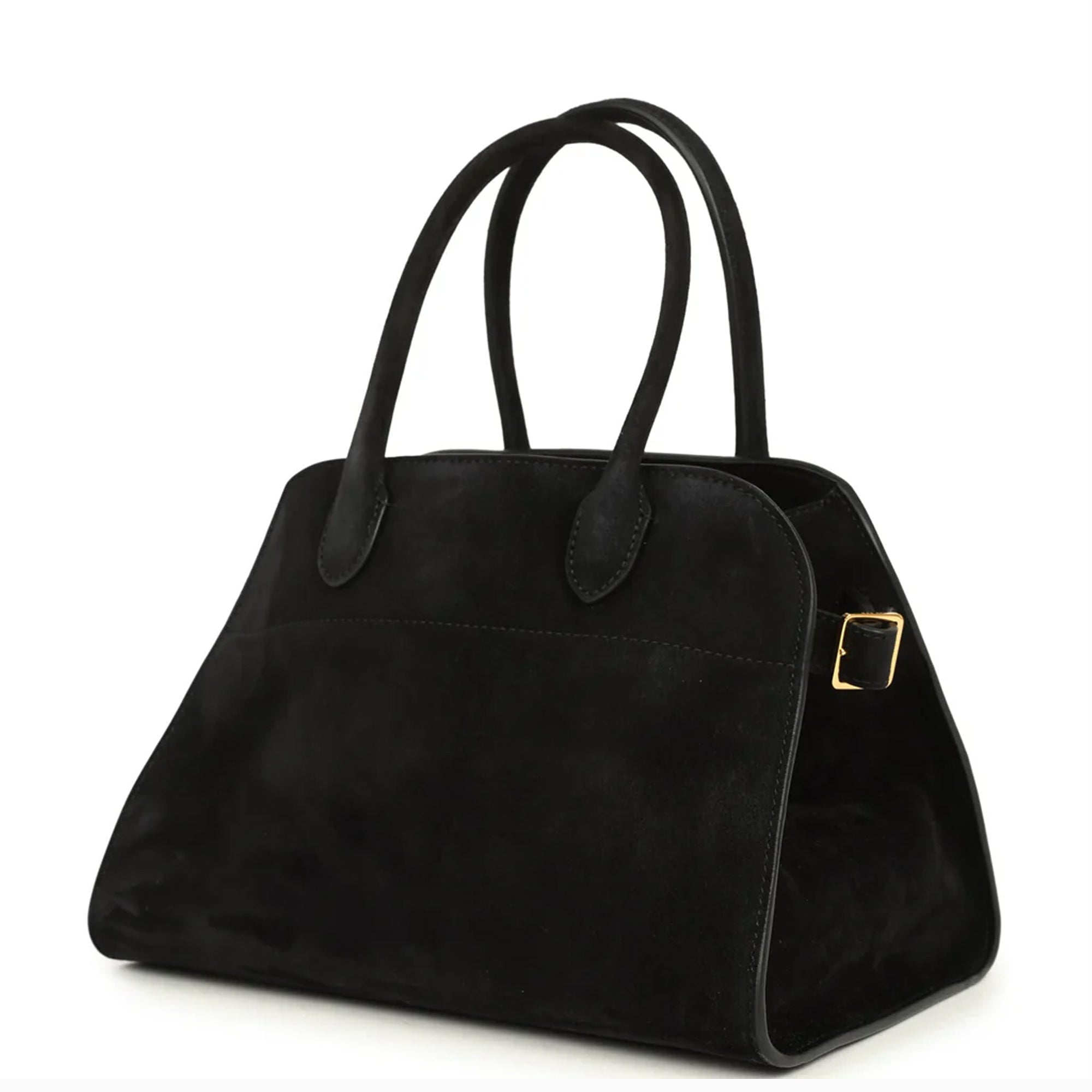 Margaux 10 style suede tote bag in black with belted side details.