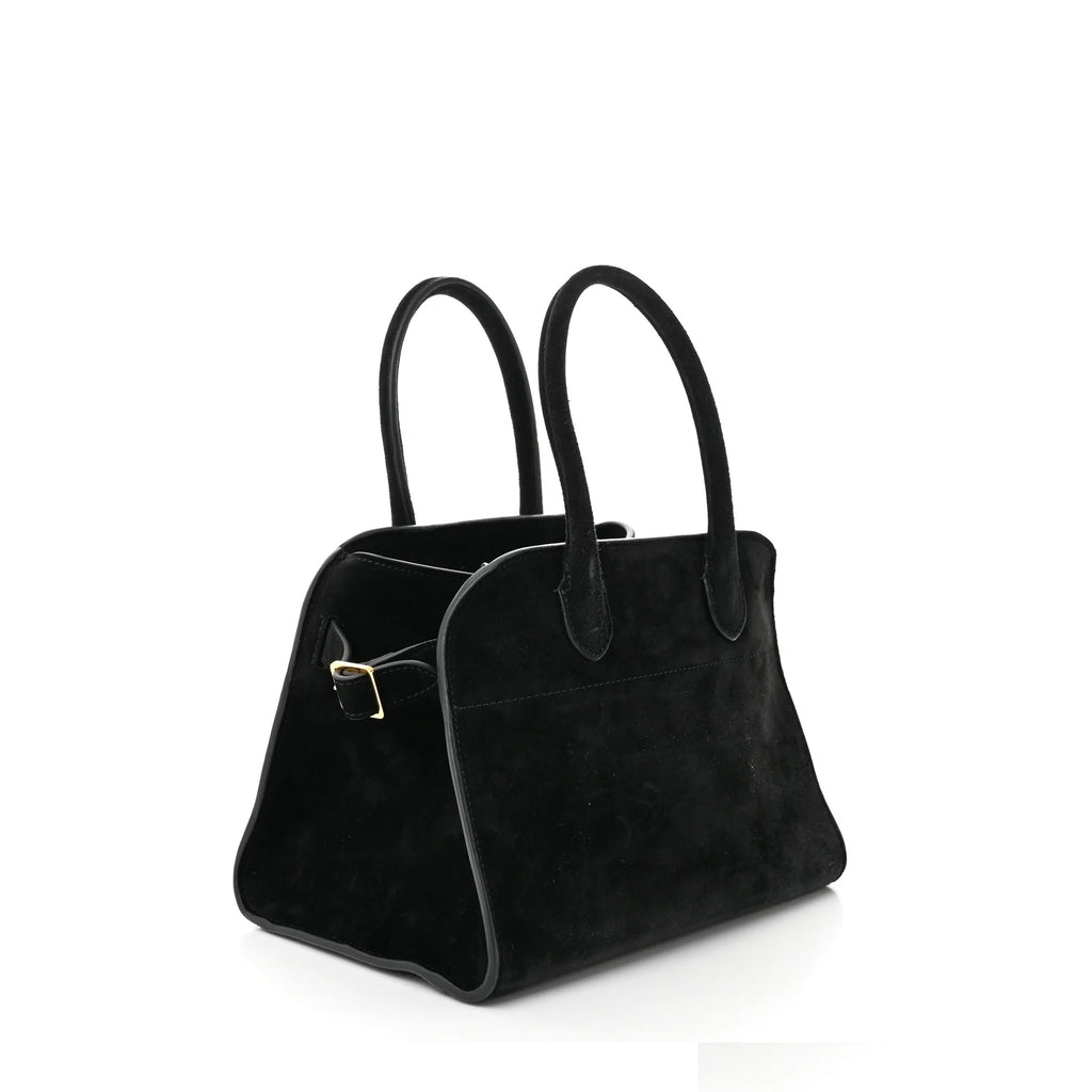 Margaux 10 style suede tote bag in black with belted side details.