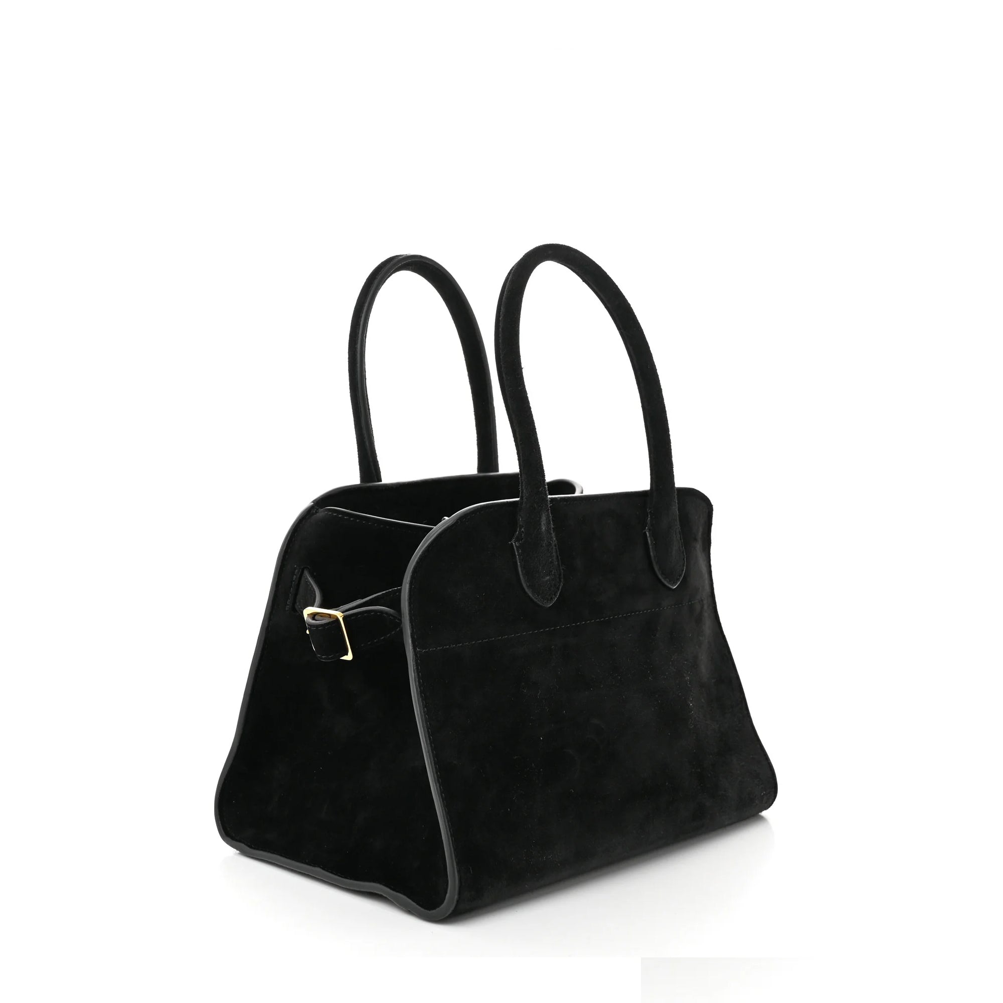 Margaux 10 style suede tote bag in black with belted side details.