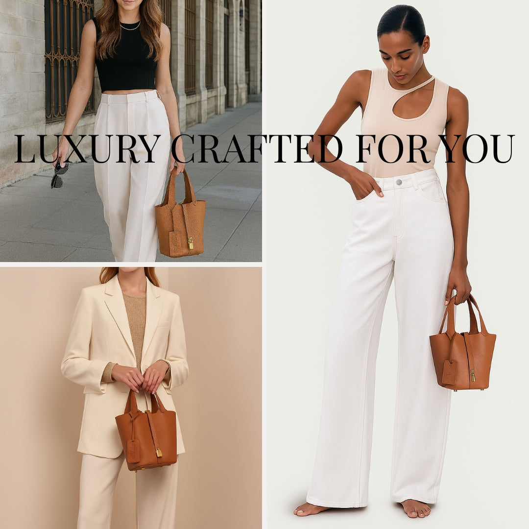 Luxury gold leather bucket bag in premium vegan leather with mini lock design and gold-tone hardware, elegant everyday handbag.