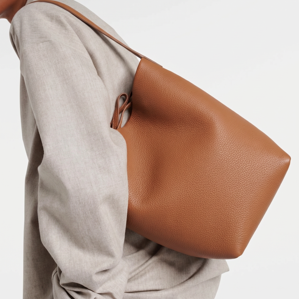 Model with brown N/S Park style medium vertical tote in genuine leather, showcasing its clean rectangular silhouette.