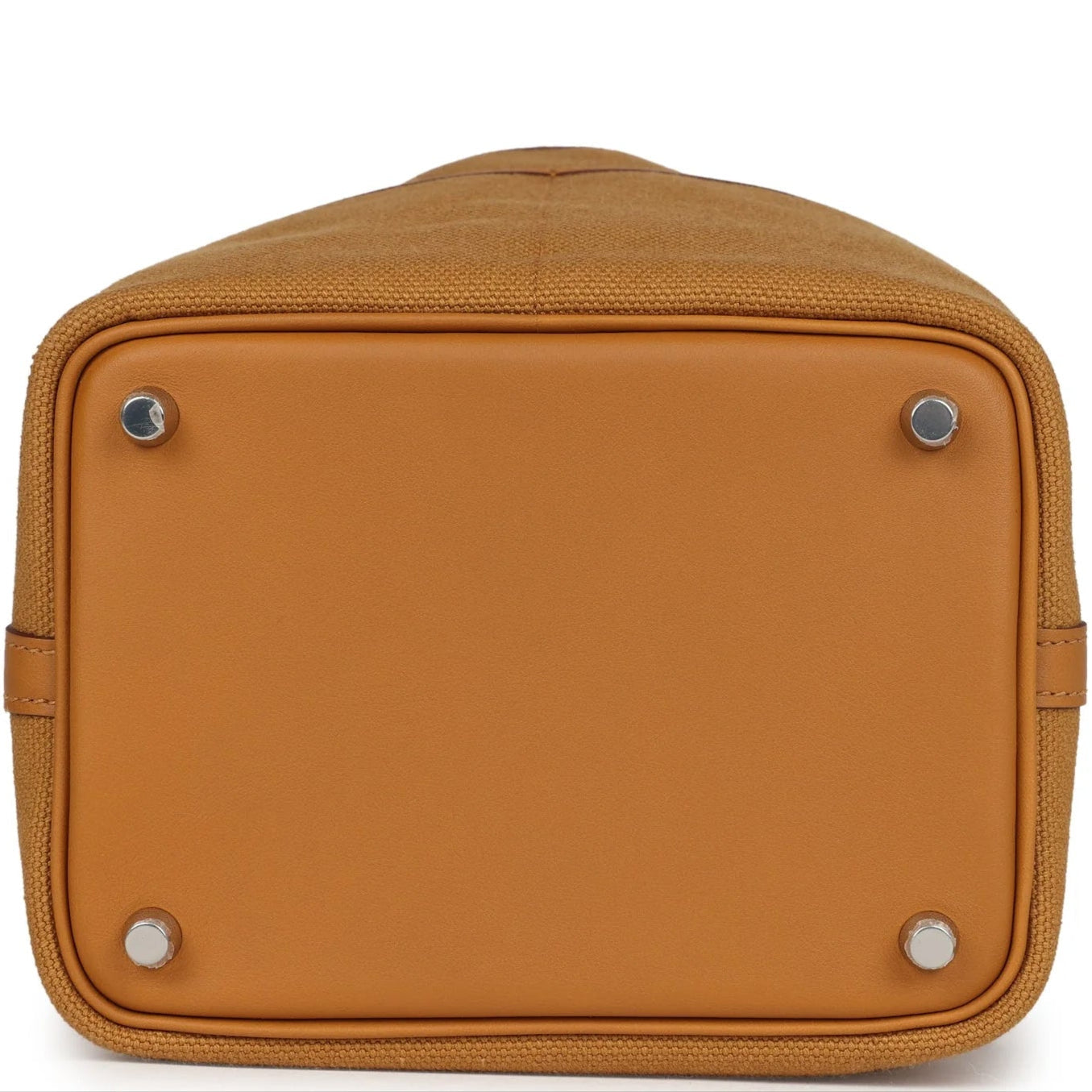 Sesame Beige bucket bag with canvas-style body, vegan leather trim, top-handle, lock strap, and utility side pockets