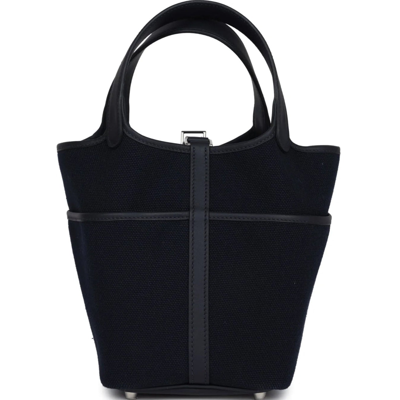 Black canvas tote with silver hardware and side pockets