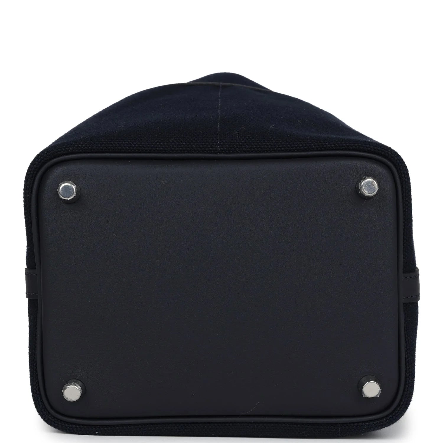 Black canvas tote with silver hardware and side pockets