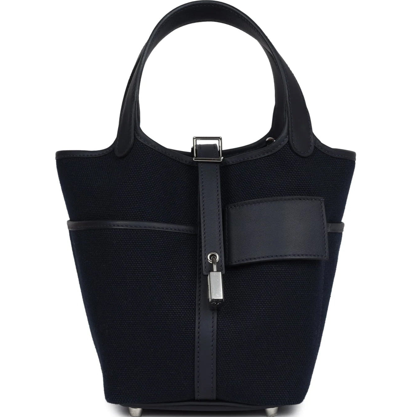 Black canvas tote with silver hardware and side pockets