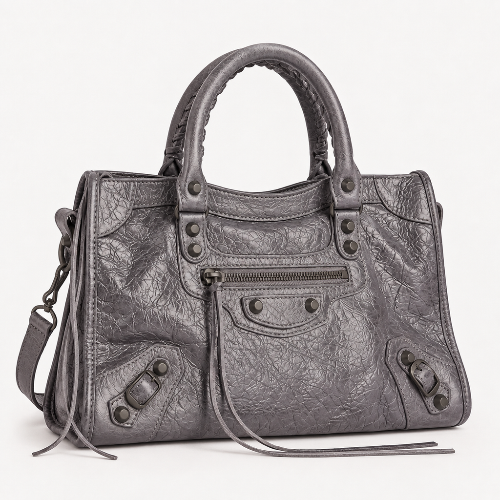 Dark Gray Medium Leather Shoulder Bag with Moto Stud and Buckle Details