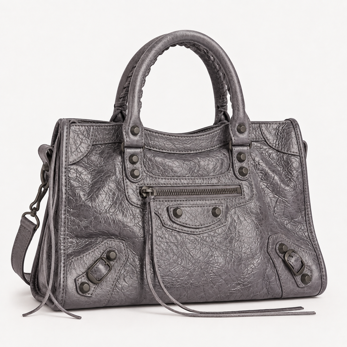 Dark Gray Medium Leather Shoulder Bag with Moto Stud and Buckle Details
