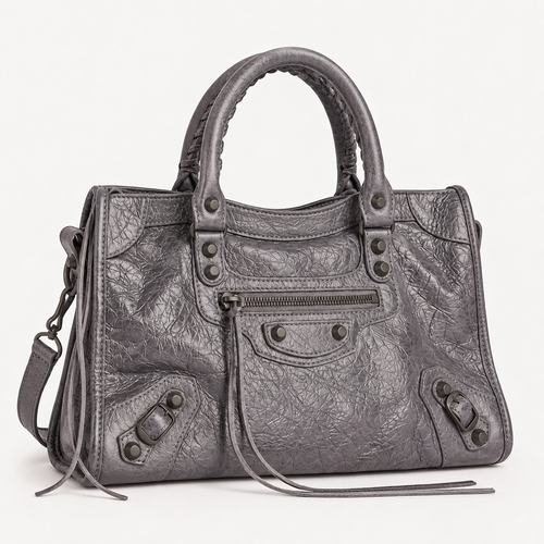 Dark Gray Medium Leather Shoulder Bag with Moto Stud and Buckle Details