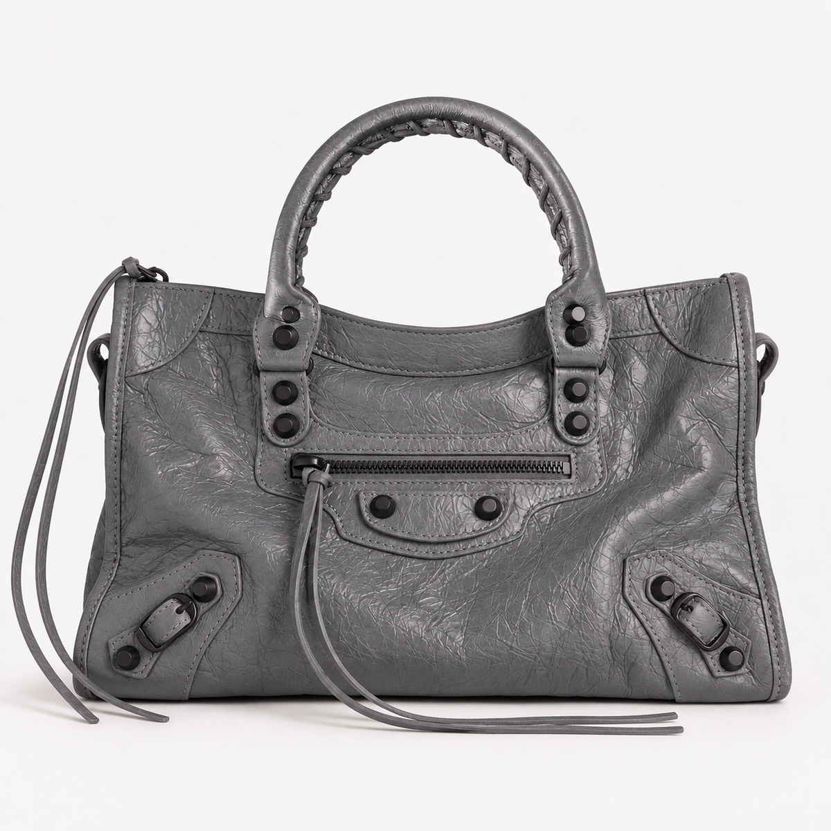 Small Dark Gray Leather Shoulder Bag with Moto-Inspired Studs