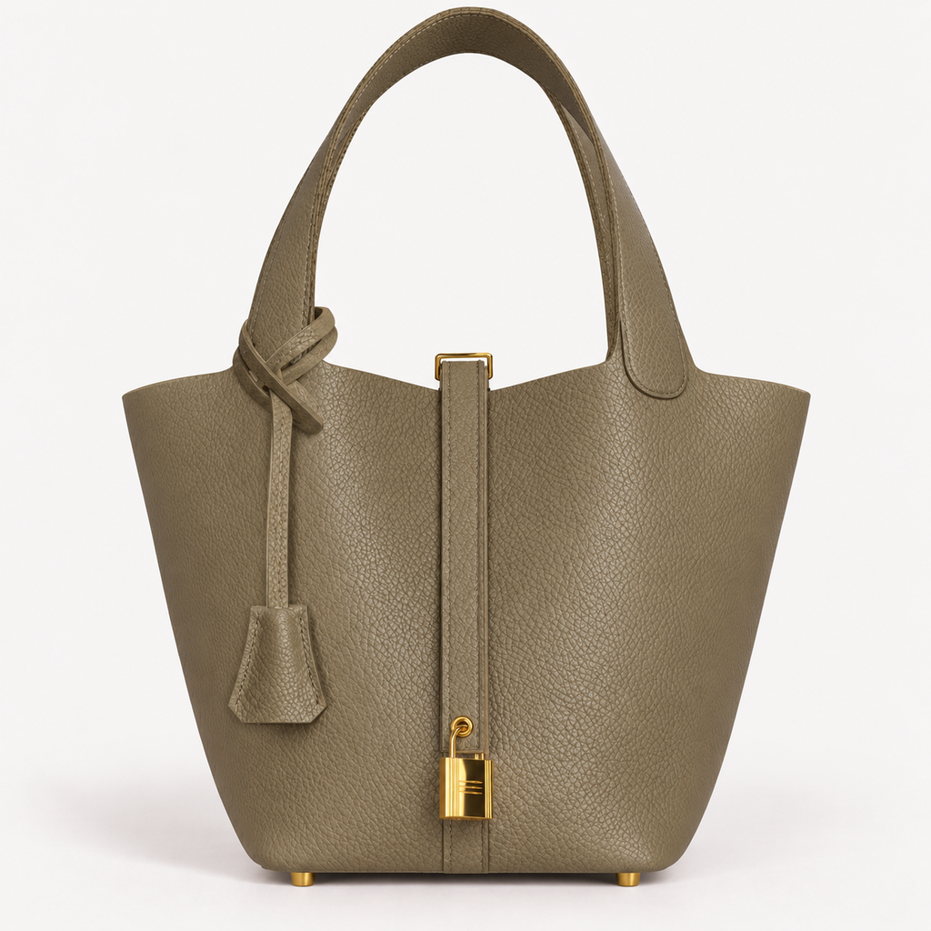 Classic 18 bucket bag in etaupe khaki leather with mini lock accent and removable drawstring pouch