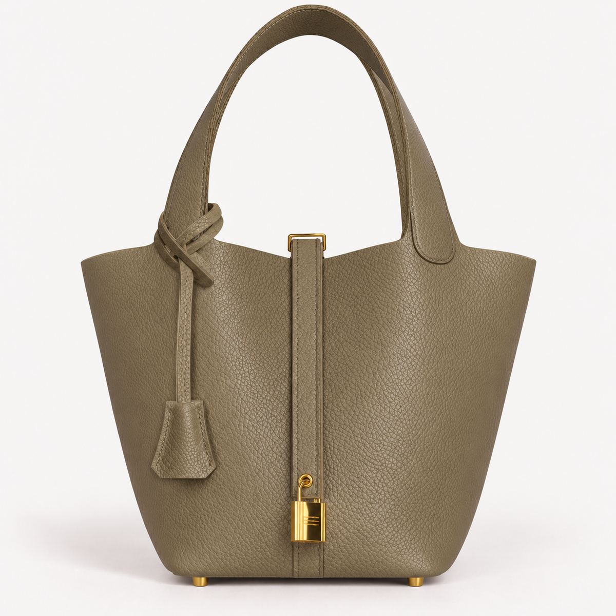 Classic 18 bucket bag in etaupe khaki leather with mini lock accent and removable drawstring pouch