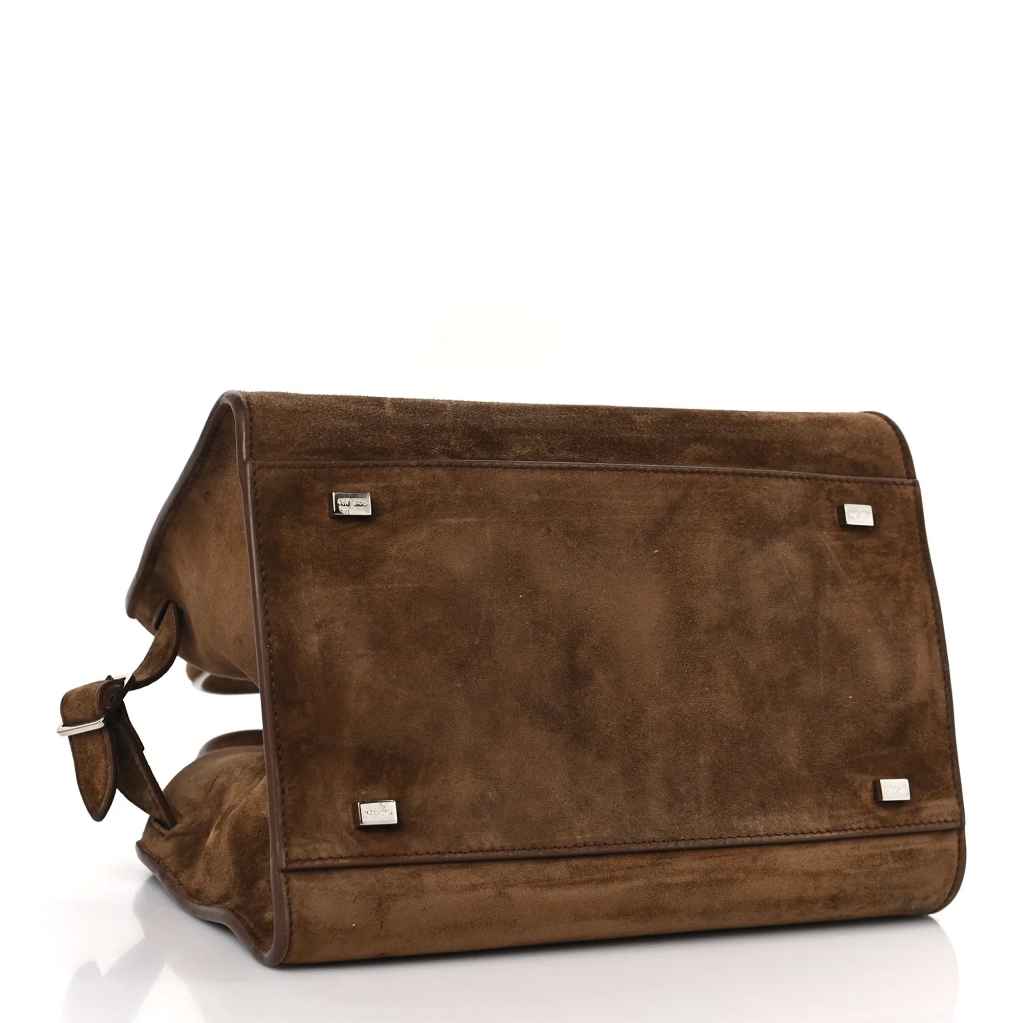 Margaux 10 style suede tote bag in Coffee Brown with belted side details.