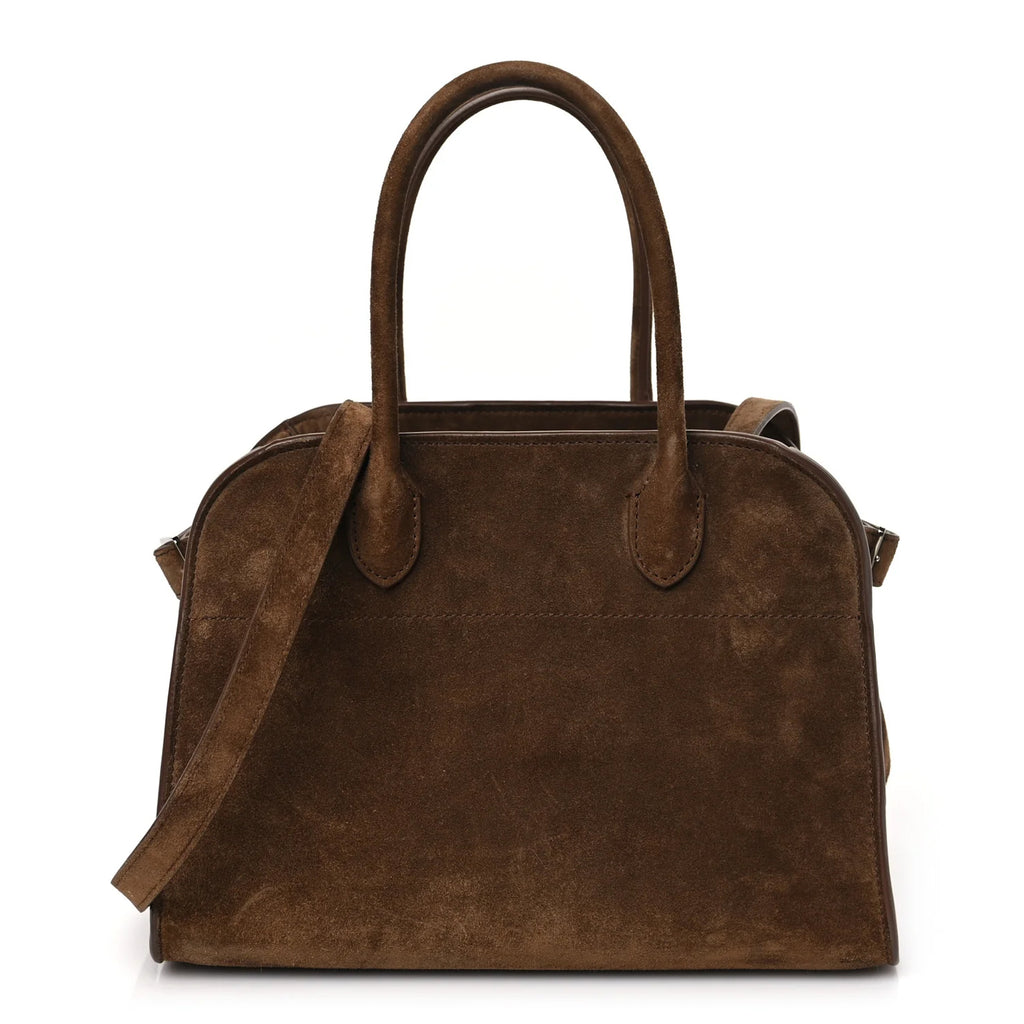 Margaux 10 style suede tote bag in Coffee Brown with belted side details.