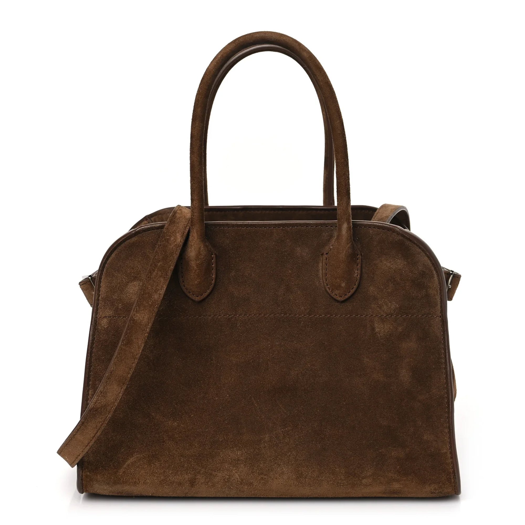 Margaux 10 style suede tote bag in Coffee Brown with belted side details.