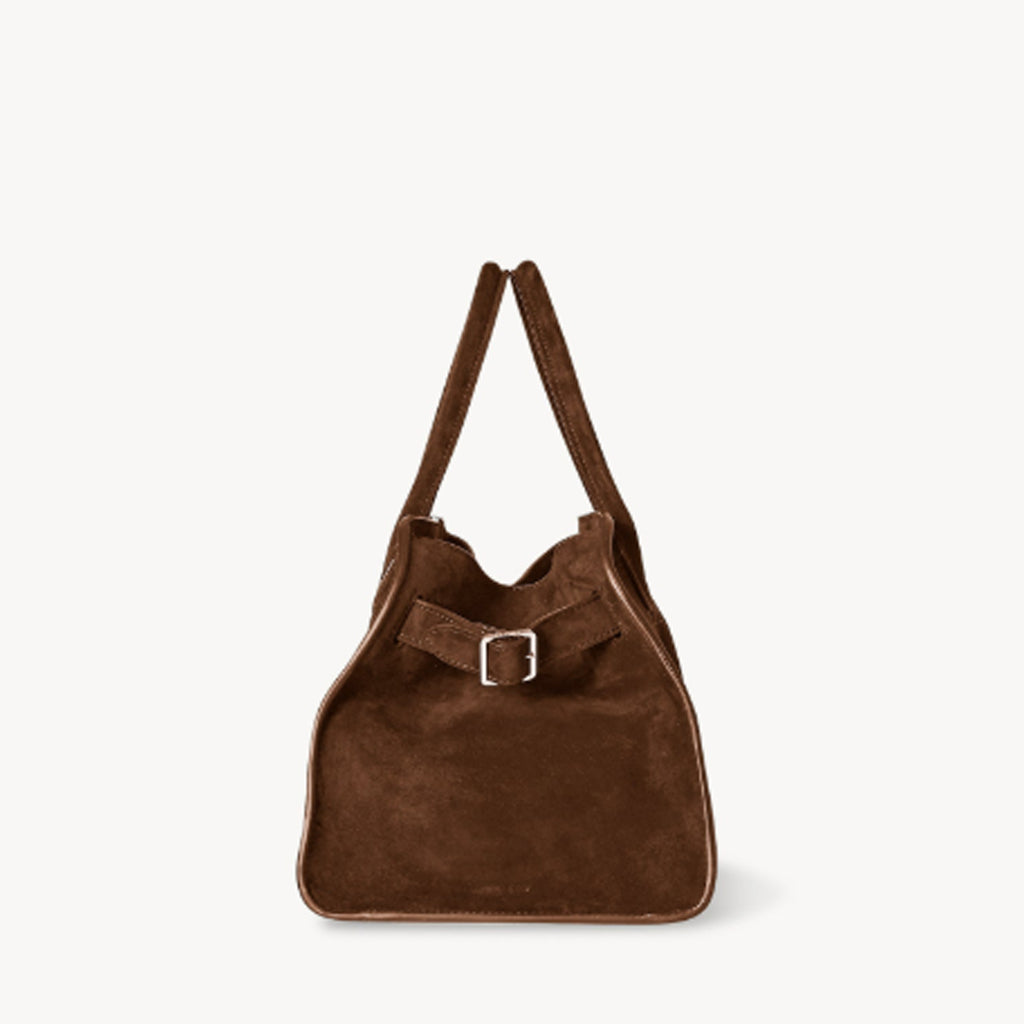 Margaux 10 style suede tote bag in Coffee Brown with belted side details.