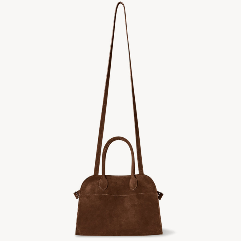 Margaux 10 style suede tote bag in Coffee Brown with belted side details.