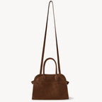 Belted 10 suede leather tote in coffee brown — texture detail