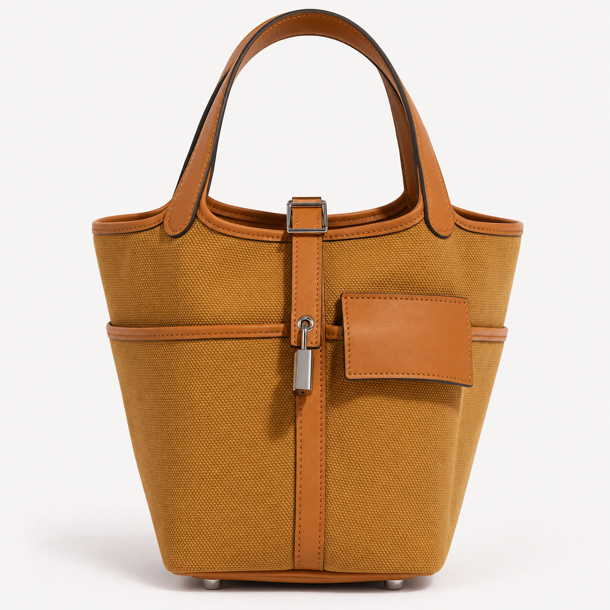 Sesame Beige bucket bag with canvas-style body, vegan leather trim, top-handle, lock strap, and utility side pockets